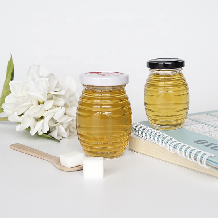 Screwed Shape 330ml Glass Queenline Honey Jar Food Storage Jam Pickles Jar With Metal Lid