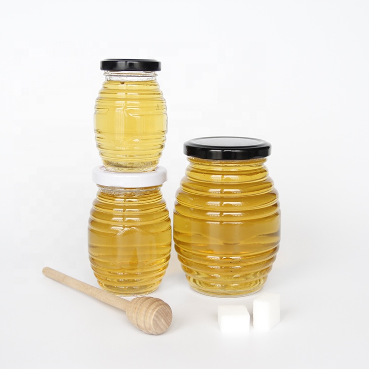 Screwed Shape 330ml Glass Queenline Honey Jar Food Storage Jam Pickles Jar With Metal Lid