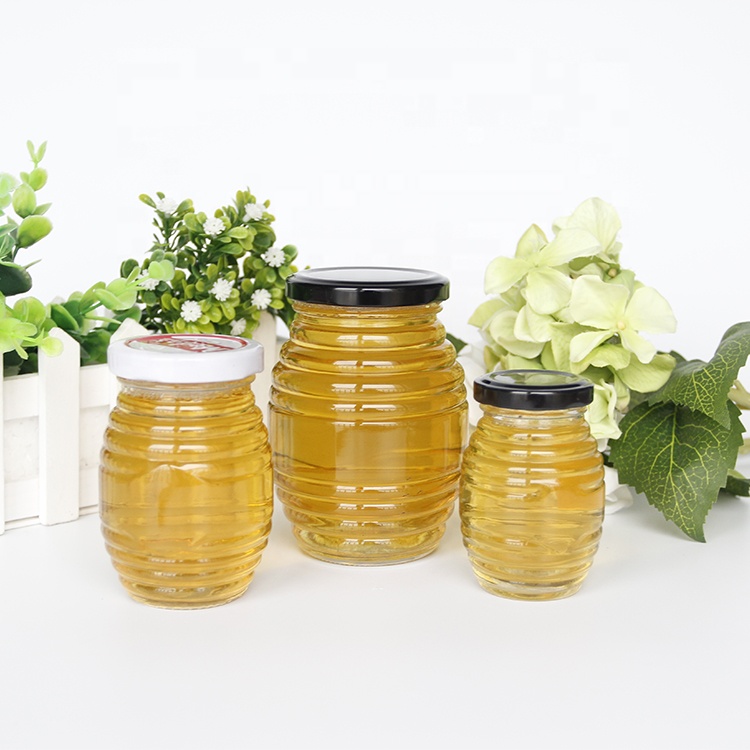 Screwed Shape 330ml Glass Queenline Honey Jar Food Storage Jam Pickles Jar With Metal Lid