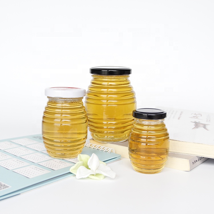 Screwed Shape 330ml Glass Queenline Honey Jar Food Storage Jam Pickles Jar With Metal Lid