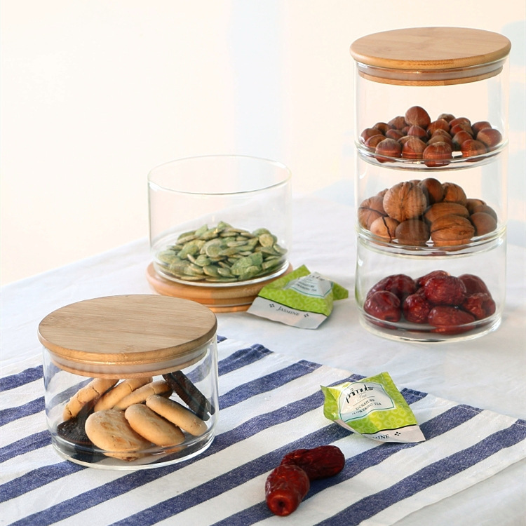 Sealable Combination Bamboo Cover Layered Storage Glass Jar