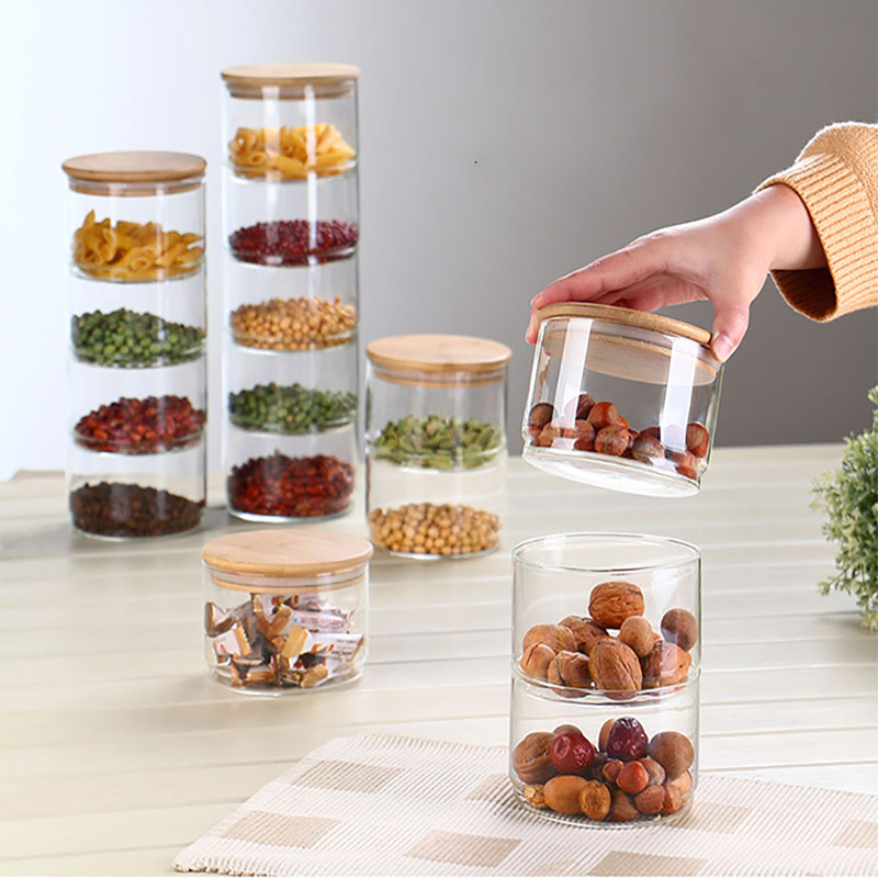 Sealable Combination Bamboo Cover Layered Storage Glass Jar