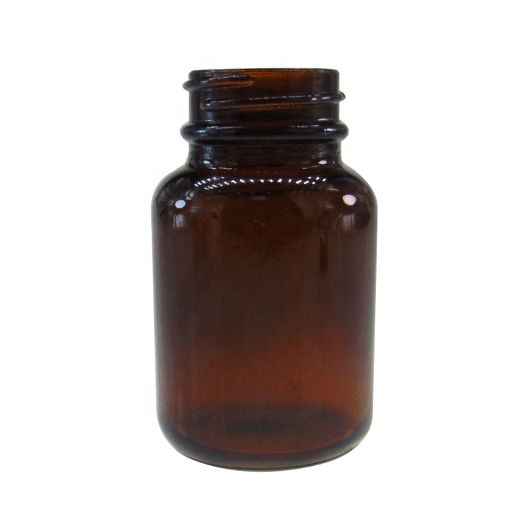 Sealed 60ml Round Glass Amber Vitamin Packing Bottle With Black Plastic Lid