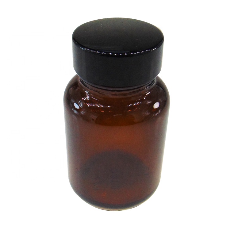 Sealed 60ml Round Glass Amber Vitamin Packing Bottle With Black Plastic Lid