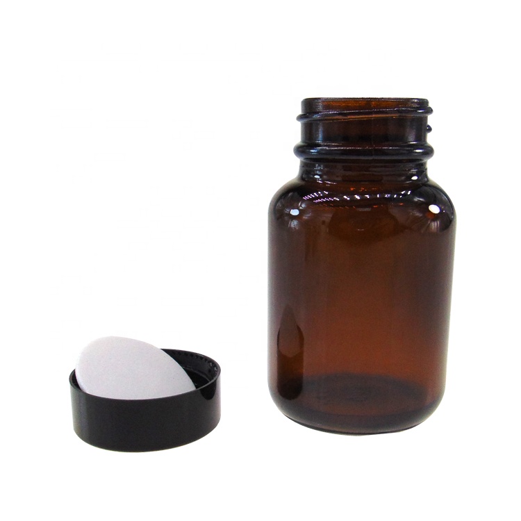 Sealed 60ml Round Glass Amber Vitamin Packing Bottle With Black Plastic Lid