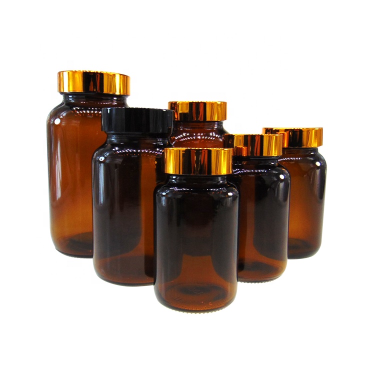 Sealed 60ml Round Glass Amber Vitamin Packing Bottle With Black Plastic Lid