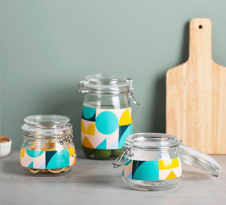 Self-Design Printing Glass Jars With Stainless Steel Clip-On Top Food Storage Canisters For Kitchen Spice Pickle