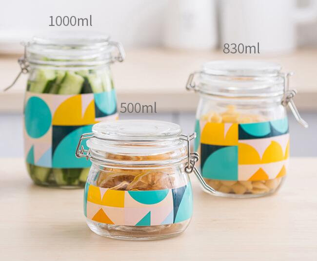 Self-Design Printing Glass Jars With Stainless Steel Clip-On Top Food Storage Canisters For Kitchen Spice Pickle