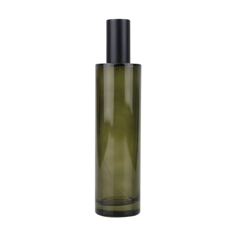 Semi transparent olive green color empty glass spray pump bottle car fragrance use flat shoulder thin spray glass bottles