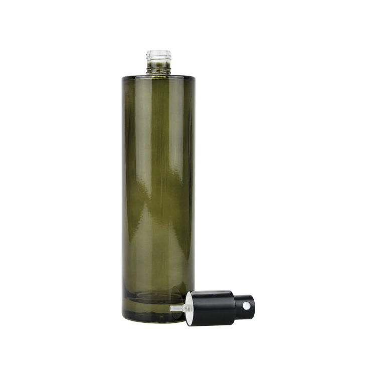 Semi transparent olive green color empty glass spray pump bottle car fragrance use flat shoulder thin spray glass bottles