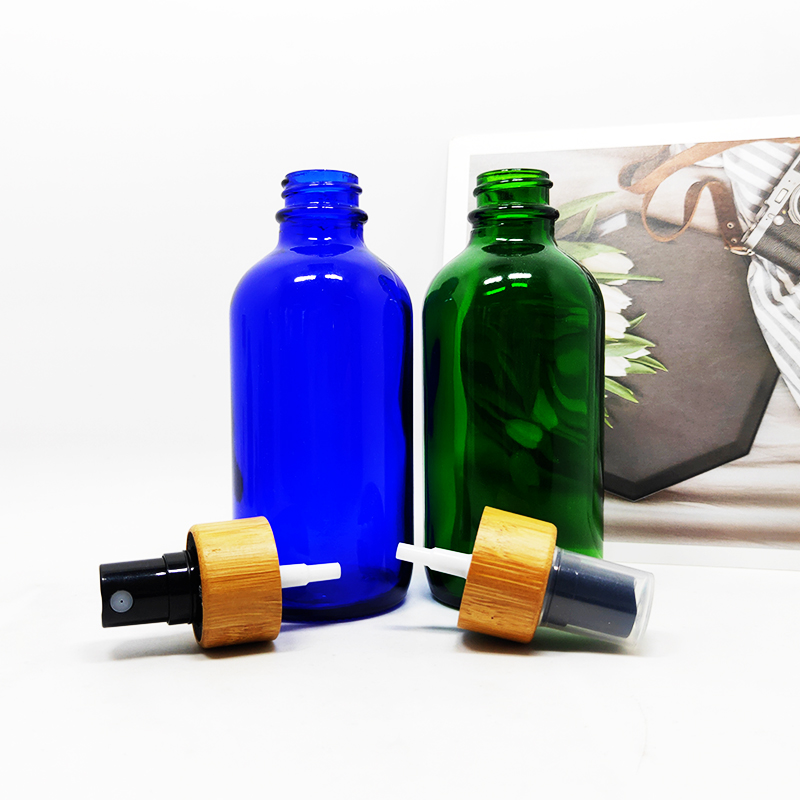Serum cobalt blue green glass bamboo 4 oz boston round bottle with bamboo top 120ml glass dropper bottle with bamboo