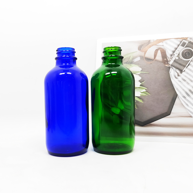 Serum cobalt blue green glass bamboo 4 oz boston round bottle with bamboo top 120ml glass dropper bottle with bamboo