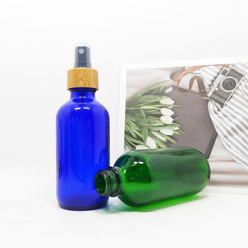 Serum cobalt blue green glass bamboo 4 oz boston round bottle with bamboo top 120ml glass dropper bottle with bamboo