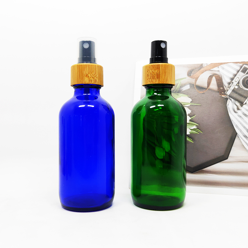 Serum cobalt blue green glass bamboo 4 oz boston round bottle with bamboo top 120ml glass dropper bottle with bamboo