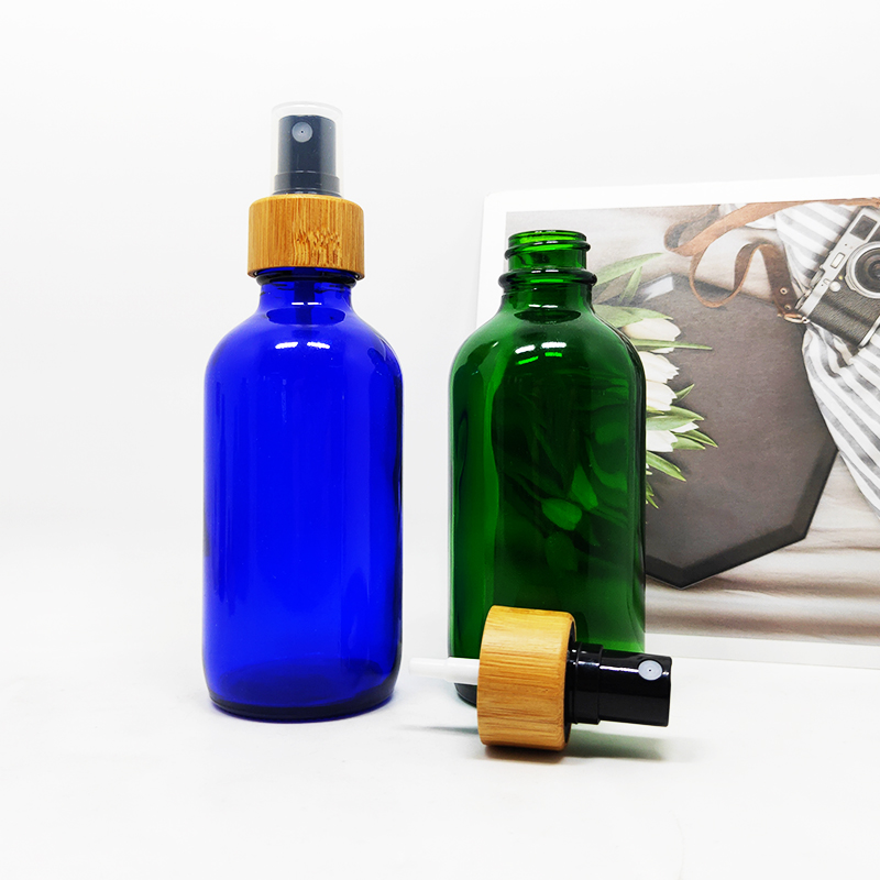 Serum cobalt blue green glass bamboo 4 oz boston round bottle with bamboo top 120ml glass dropper bottle with bamboo