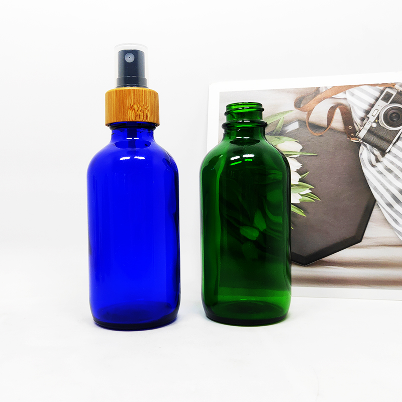 Serum cobalt blue green glass bamboo 4 oz boston round bottle with bamboo top 120ml glass dropper bottle with bamboo