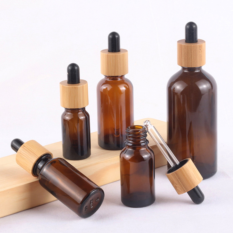 Serum oil small container matte amber essential oil 10ml bamboo dropper bottle packaging cosmetic
