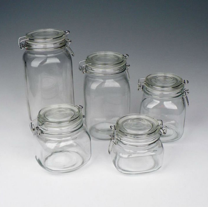 Set 5 Airtight Clip Top Kitchen Pantry Sealed Square Storage Preserving Jars and Bottles with Lid