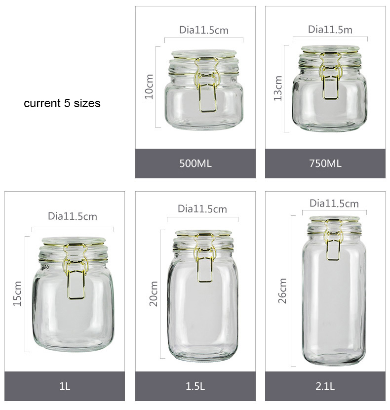 Set 5 Airtight Clip Top Kitchen Pantry Sealed Square Storage Preserving Jars and Bottles with Lid