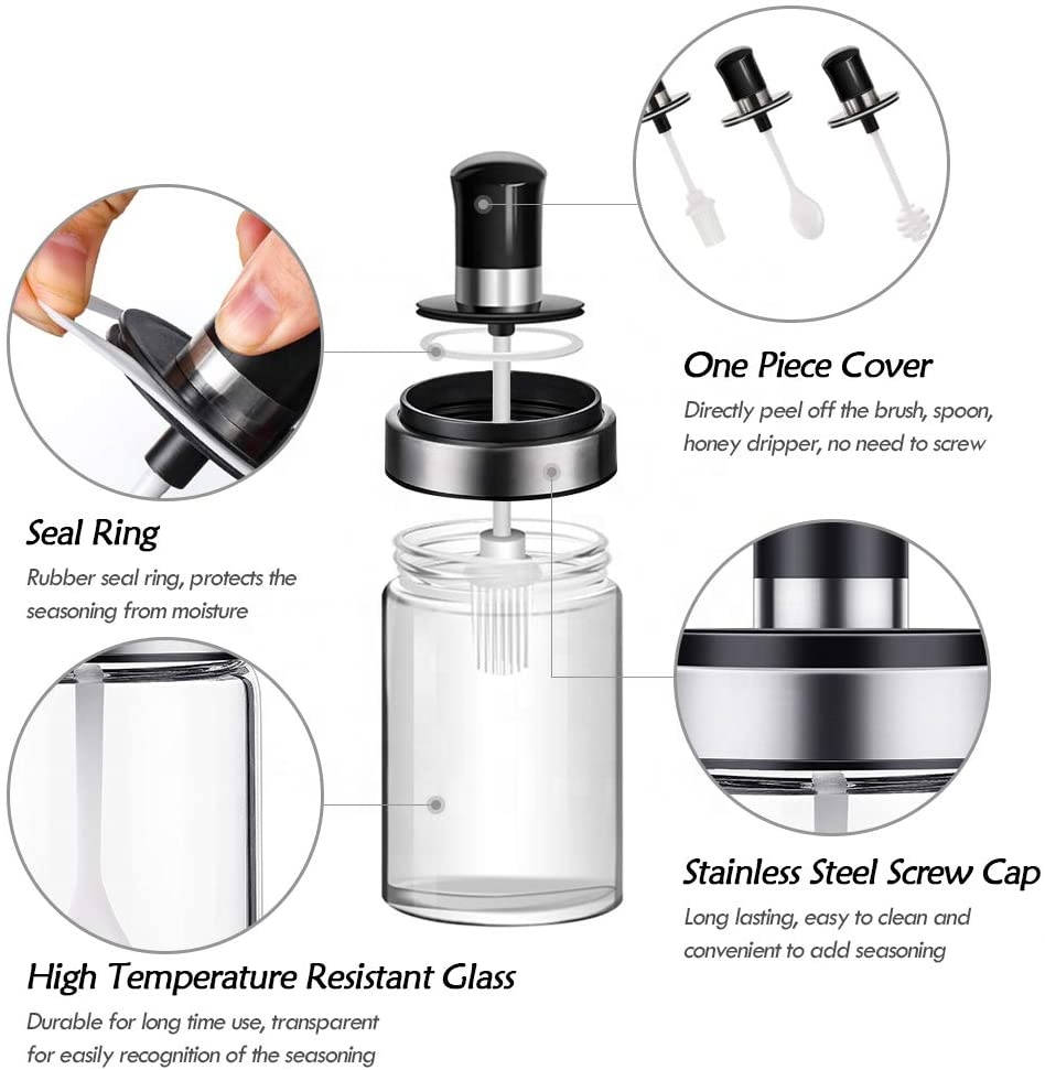 Set Of 3 kitchen glass seasoning container spice jars bottles with spoon brush honey stick