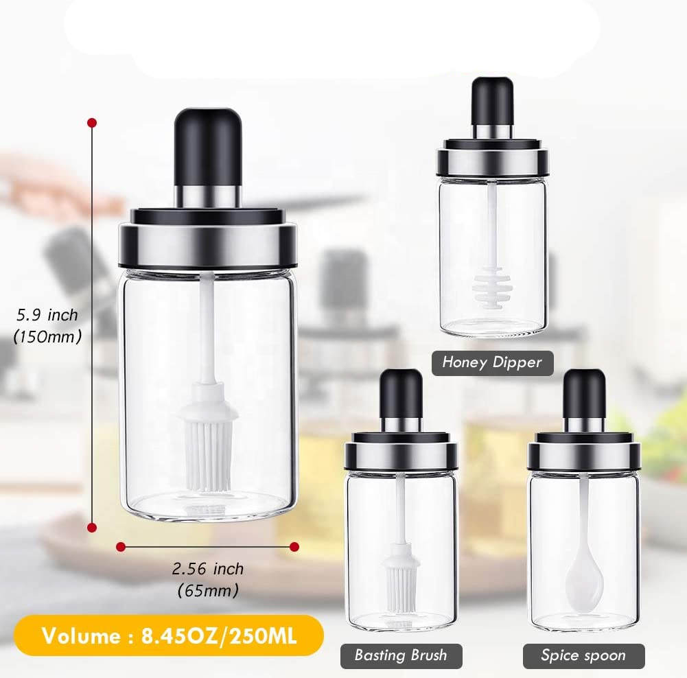 Set Of 3 kitchen glass seasoning container spice jars bottles with spoon brush honey stick