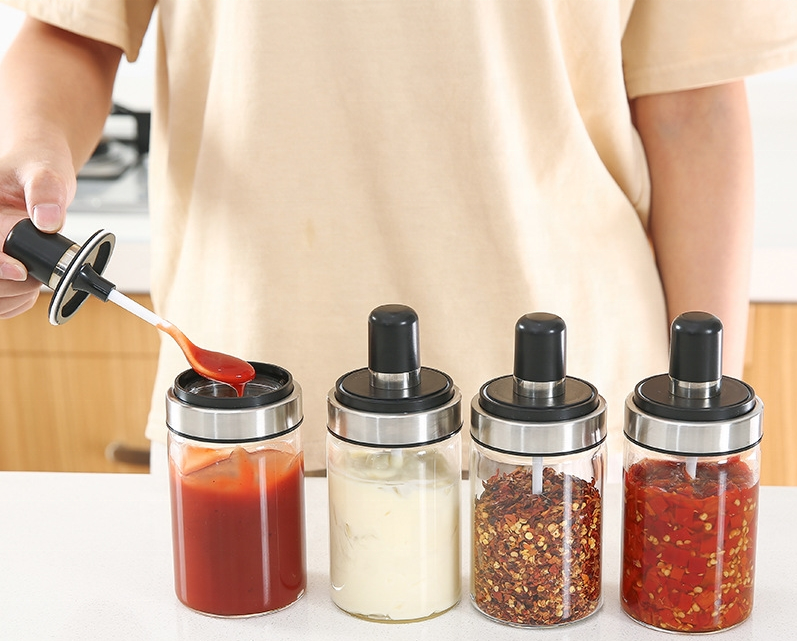 Set Of 3 kitchen glass seasoning container spice jars bottles with spoon brush honey stick