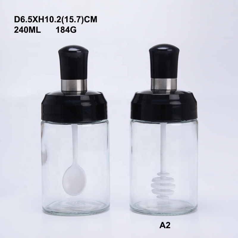 Set Of 3 kitchen glass seasoning container spice jars bottles with spoon brush honey stick