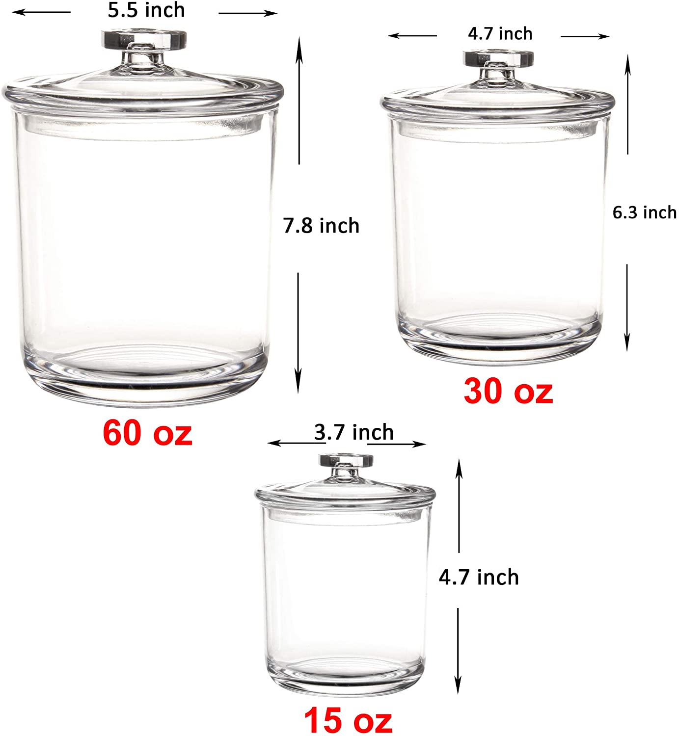Set of 3 60-Ounce 30-Ounce 15-Ounce premium quality clear candy plastic apothecary jars