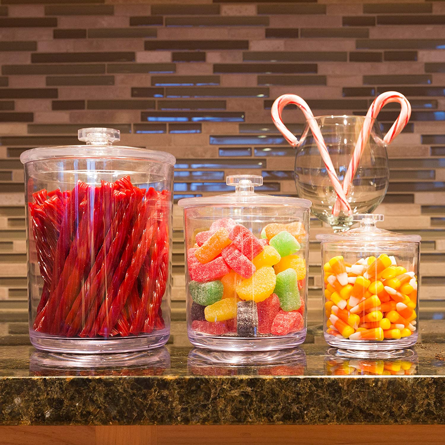 Set of 3 60-Ounce 30-Ounce 15-Ounce premium quality clear candy plastic apothecary jars