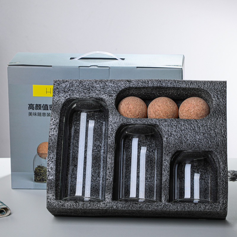 Set of 3 Food Storage Glass Jars with Wooden Lids Cork Ball Stopper