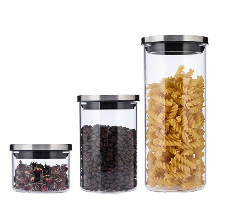 Set of 3 Kitchen Condiment Glass Jar Container Storage Bottle  with Stainless Steel Airtight Lid Canister