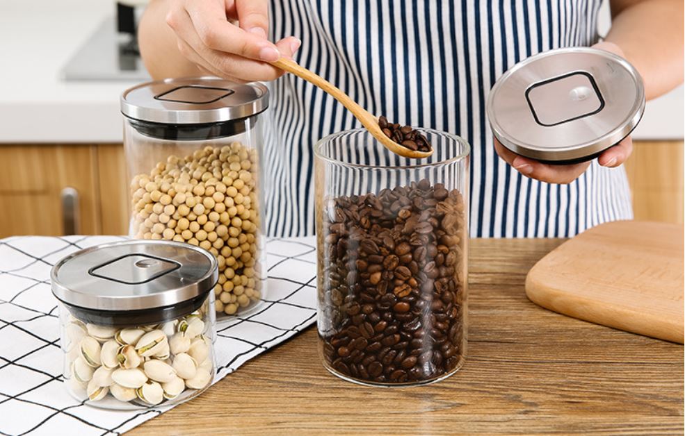 Set of 3 Kitchen Condiment Glass Jar Container Storage Bottle with Stainless Steel Airtight Lid Canister