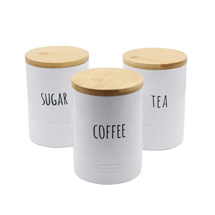 Set of 3 Metal Food Grade Tea Coffee Sugar Storage Kitchen Food Canister Set with Bamboo Lid