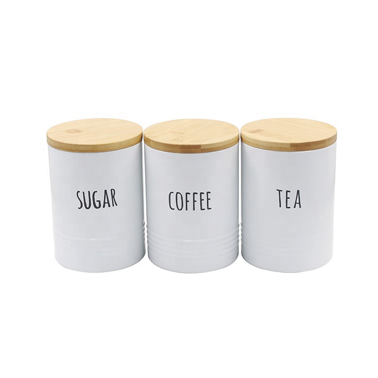 Set of 3 Metal Food Grade Tea Coffee Sugar Storage Kitchen Food Canister Set with Bamboo Lid