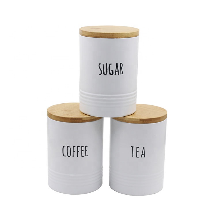 Set of 3 Metal Food Grade Tea Coffee Sugar Storage Kitchen Food Canister Set with Bamboo Lid