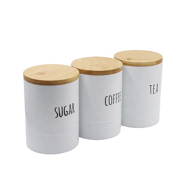 Set of 3 Metal Food Grade Tea Coffee Sugar Storage Kitchen Food Canister Set with Bamboo Lid