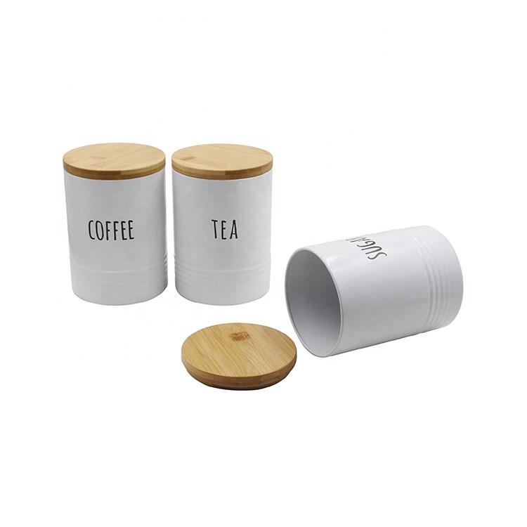 Set of 3 Metal Food Grade Tea Coffee Sugar Storage Kitchen Food Canister Set with Bamboo Lid