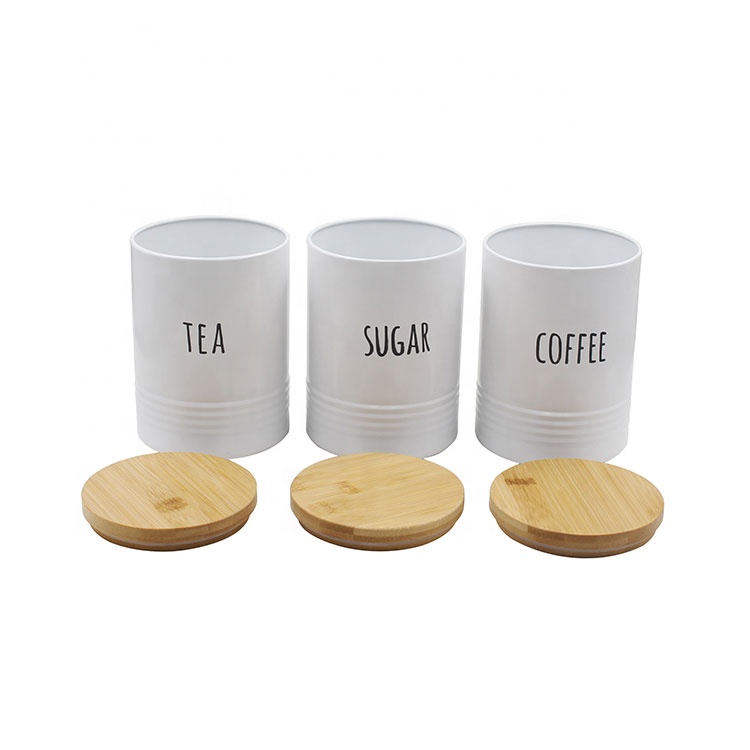 Set of 3 Metal Food Grade Tea Coffee Sugar Storage Kitchen Food Canister Set with Bamboo Lid