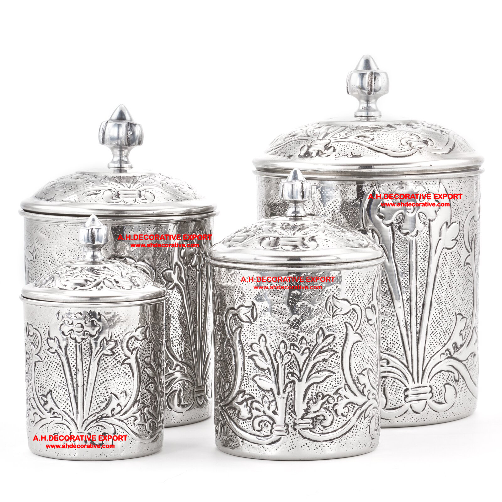 Set of 4 Silver Canister Sets with Embossed Design/Kitchen canister Set Set of 4