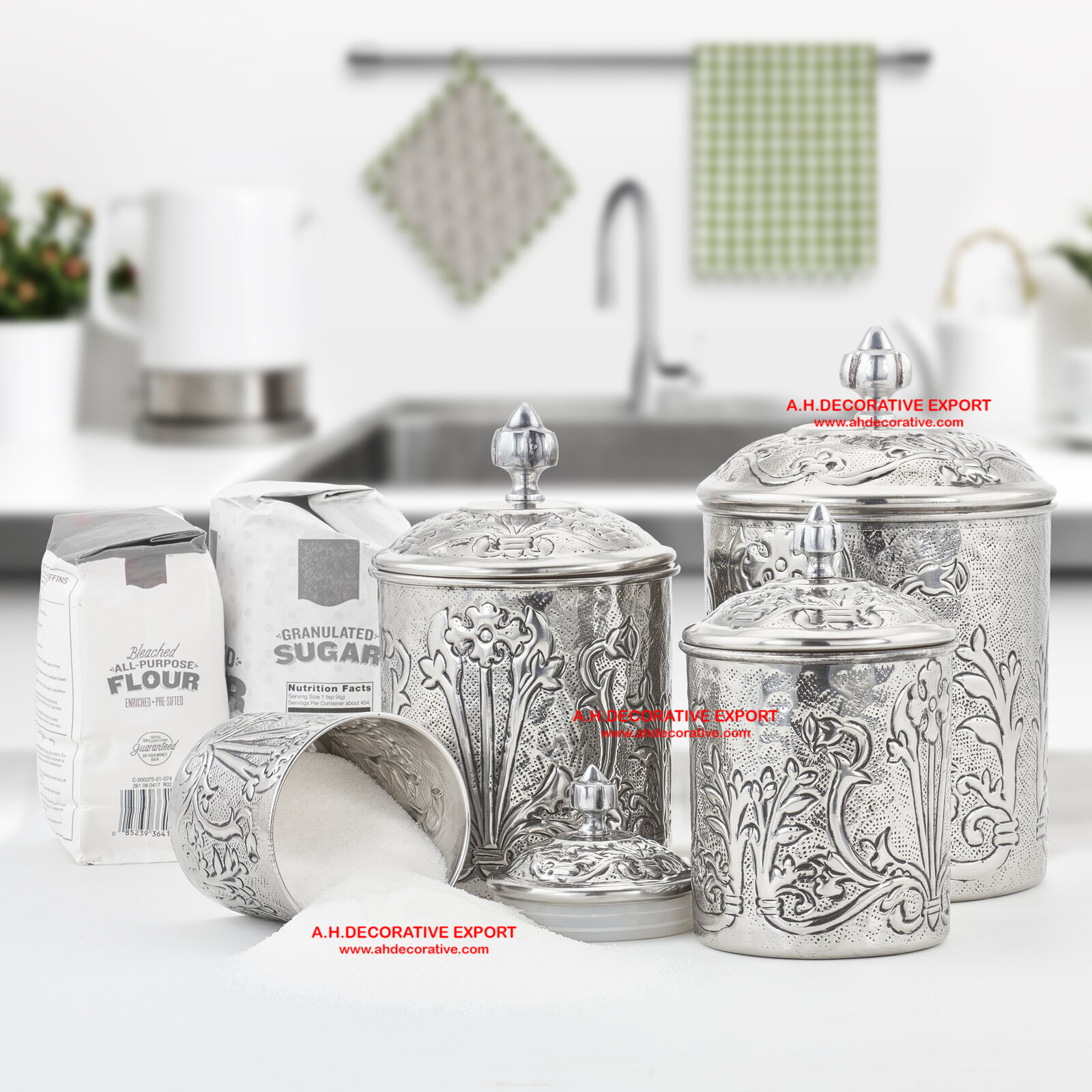 Set of 4 Silver Canister Sets with Embossed Design/Kitchen canister Set Set of 4