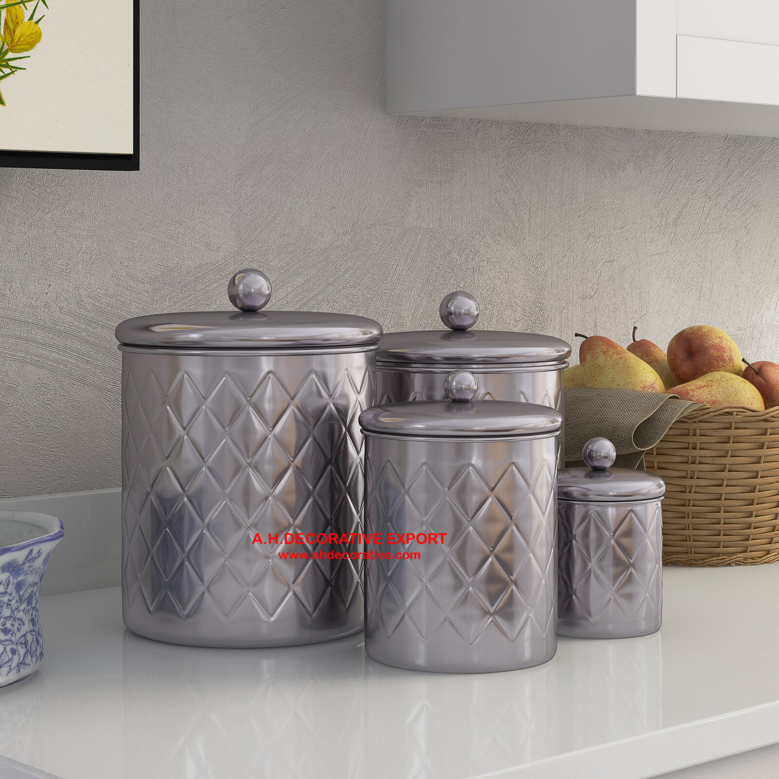 Set of 4 Silver Canister Sets with Embossed Design/Kitchen canister Set Set of 4