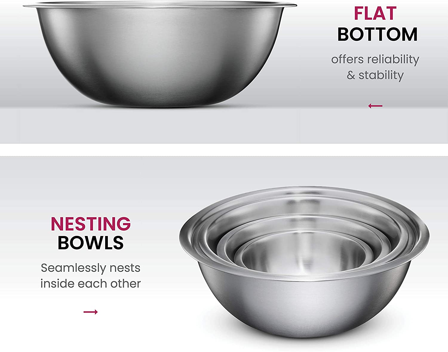 Set of 6 Stainless Steel Mixing Bowl Set Great for Cooking, Baking, Prepping