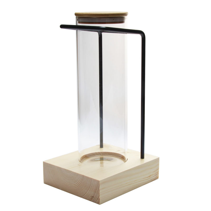 Shelves and wooden covers seal the glass storage tanks