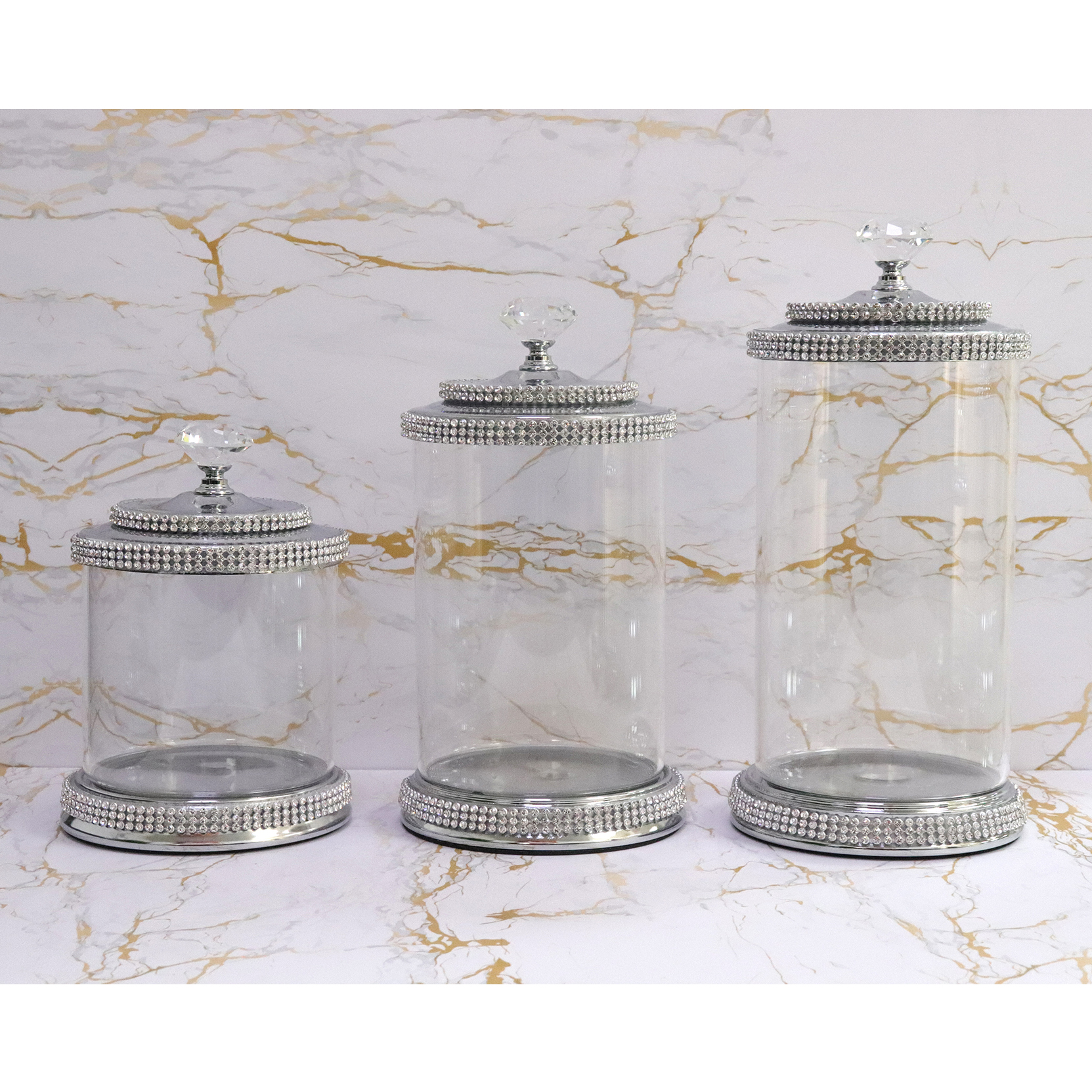 Shining Decorative Crystal Terrarium Clear 500ml Round Custom Cookie Candy Storage Colored Glass Containers Jar with metal lid