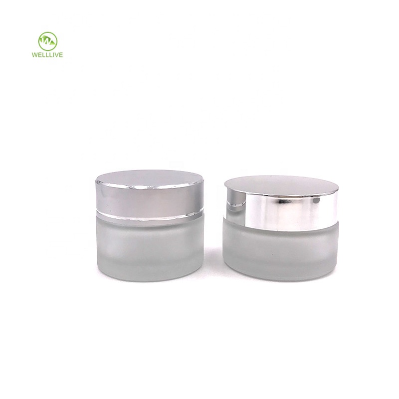 Shiny silver lid 30g 50g 100g matte clear color glass cream jar for skincare packaging