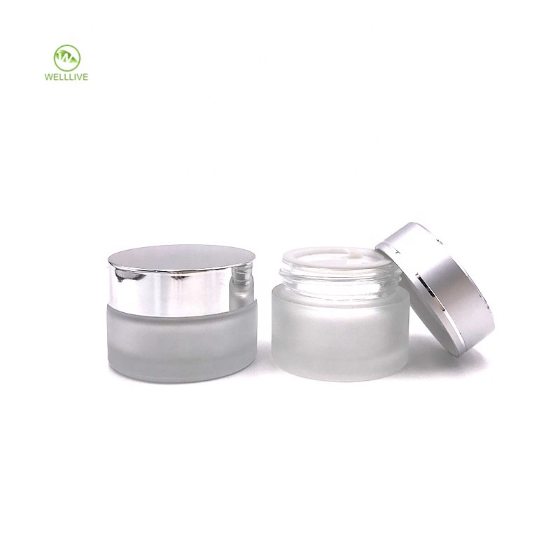 Shiny silver lid 30g 50g 100g matte clear color glass cream jar for skincare packaging