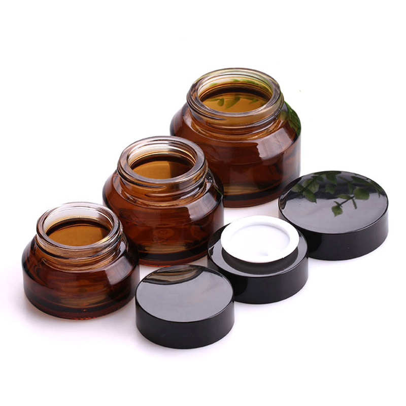 Shoulder glass cream jar 30g 50g amber clear green oblique shoulder black lid cream jar