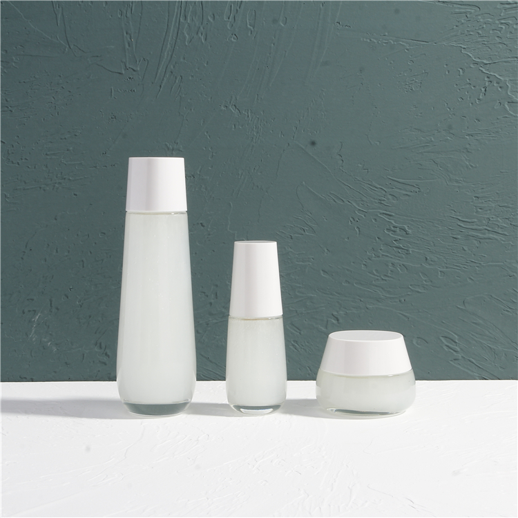 Showy Frosted cosmetics glass bottle set with white pump
