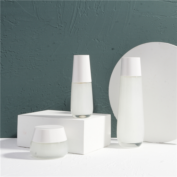 Showy Frosted cosmetics glass bottle set with white pump
