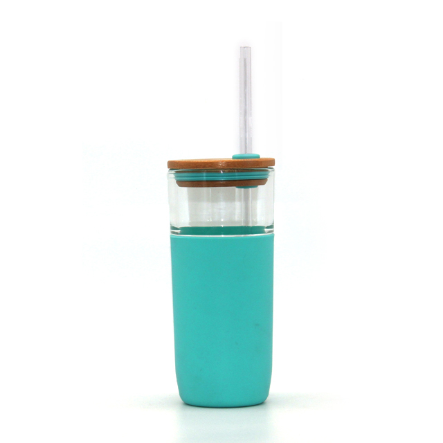 Silicone Sleeves Bamboo Lids Glass Clear Colorful Travel Drink Tumbler with Straw